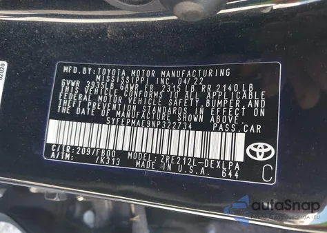 2022 Toyota Corolla Le from USA, damaged, VIN 5YFEPMAE9NP322734